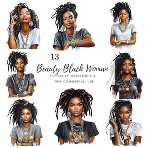 Clipart di donna nera PNG, pacchetto 13 di alta qualità, ragazza nera acquerello, adesivi stampabili di donna afro Goodnotes, download digitale / 796