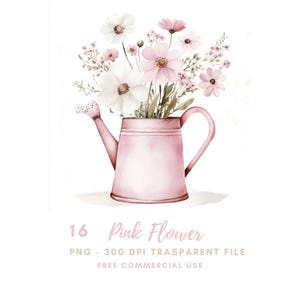 Fleur rose, lot de 16 cliparts animaux haute qualité PNG, aquarelle chat rose, lapin, téléchargement numérique, autocollants imprimables Goodnotes | 749