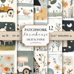 Könnte beinhalten: Ein Set mit 12 digitalen Papieren mit einem Patchwork-Bauernhof-Thema. Die Papiere enthalten Illustrationen von Häusern, Tieren und Fahrzeugen im rustikalen Stil. Die Papiere sind 12x12 Zoll groß und haben eine Auflösung von 4000x4000 Pixel.