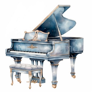 Clipart de piano azul PNG, pacote 11 de alta qualidade, decoração de casa de música em aquarela, download digital, fabricação de cartões, mídia mista, artesanato em papel digital | 303