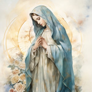 Clipart Vergine Maria, bundle 15 PNG di alta qualità, acquerello vintage Santa Maria, download digitale, creazione di cartoline, supporti misti, creazione di carta digitale/114