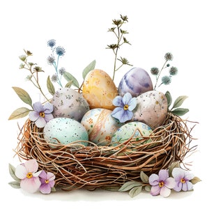 Easter Nest Clipart PNG Bundle 16 Alta calidad, Huevo de Pascua de acuarela, Descarga digital, Fabricación de tarjetas, Medios mixtos, Artesanía de papel digital / 259