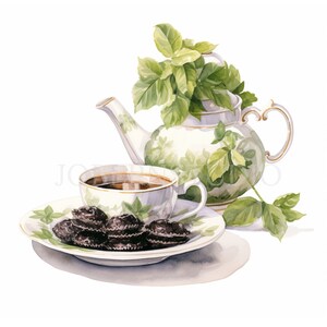 Clipart de chá de café da manhã PNG, pacote 10 JPG de alta qualidade, download digital de aquarela de chá de ervas, fabricação de cartões, artesanato em papel digital |