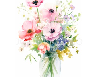 Puede incluir: Una pintura de acuarela de un ramo de flores rosas y blancas en un jarrón de vidrio transparente. Las flores están dispuestas en un estilo suelto y natural, y el jarrón es simple y elegante.