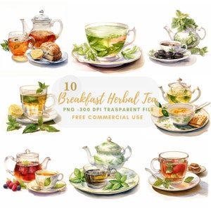 Clipart de chá de café da manhã PNG, pacote 10 JPG de alta qualidade, download digital de aquarela de chá de ervas, fabricação de cartões, artesanato em papel digital |