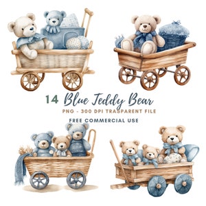 Clipart chambre d'enfant bleu ours en peluche PNG 14 de haute qualité, aquarelle ours en peluche c'est un garçon, baby shower, téléchargement numérique, créations numériques en papier | 475