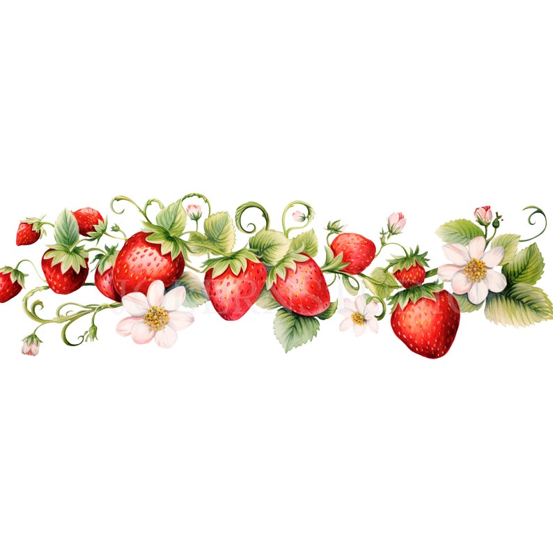 May include: A watercolour illustration of a strawberry vine featuring ripe red strawberries, green leaves, and delicate white flowers. The design is arranged horizontally, suitable for decorative use.