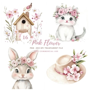 Fleur rose, lot de 16 cliparts animaux haute qualité PNG, aquarelle chat rose, lapin, téléchargement numérique, autocollants imprimables Goodnotes | 749