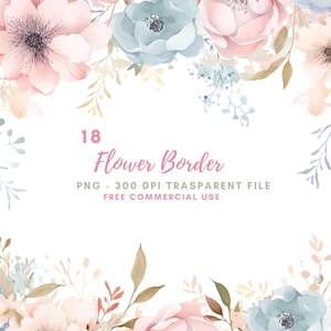 Può includere: Un'illustrazione digitale di un bordo di fiori con fiori rosa e blu. Il bordo è composto da fiori e foglie in stile acquerello. Il testo "18 Flower Border PNG - 300 DPI TRANSPARENT FILE FREE COMMERCIAL USE" è nella parte inferiore dell'immagine.