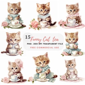 Pacchetto PNG di gatti divertenti Clipart 15 JPG di alta qualità, gatti vintage acquerello, download digitale, creazione di carte, supporti misti, artigianato in carta digitale/ 141