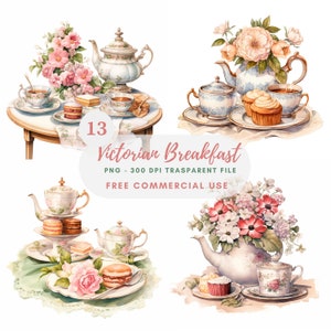 Clipart colazione vittoriana, bundle 13 PNG di alta qualità, tazza di tè ad acquerello, download digitale, creazione di cartoline, supporti misti, artigianato in carta digitale/379