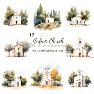 Église italienne Clipart PNG, lot de 12 haute qualité, mariage à l'église aquarelle, téléchargement numérique, fabrication de cartes, papier numérique, autocollant imprimable | 402