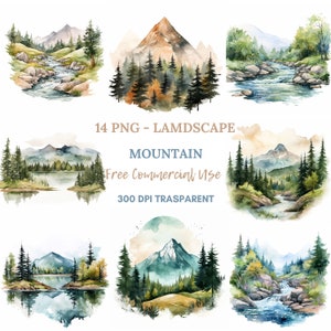 PNG di paesaggio di montagna Clipart, bundle 14 alta qualità, montagna dell'acquerello, download digitale, creazione di carte, supporti misti, artigianato con carta digitale /202
