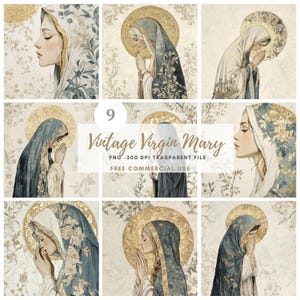 Pacchetto di 9 clipart della Vergine Maria PNG di alta qualità / Acquerello vintage della Santa Maria / Adesivi stampabili Goodnotes / Download digitale / 793