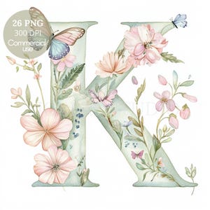 Paquete de 26 imágenes prediseñadas de letras del alfabeto floral PNG de alta calidad, mariposas con letras de acuarela, pegatinas imprimibles Goodnotes, descarga digital/ 632