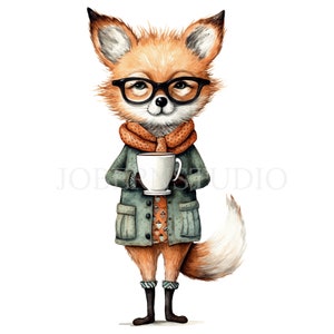 Verrückter Fuchs Clipart PNG Bundle 16 hohe Qualität, lustiger Fuchs mit Kaffee, Aufkleber, digitaler Download, Kartenherstellung, Mixed Media, digitales Papiermodell|246