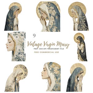 Pacchetto di 9 clipart della Vergine Maria PNG di alta qualità / Acquerello vintage della Santa Maria / Adesivi stampabili Goodnotes / Download digitale / 793
