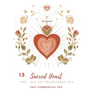 Pacchetto di clipart del Sacro Cuore 15 PNG di alta qualità, acquerello Gesù Maria, download digitale, creazione di biglietti, tecniche miste, artigianato con carta digitale/ 490