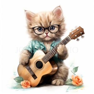 Crazy Cats Clipart PNG Bundel 15 Hoge kwaliteit JPG, Grappige katten spelen gitaar, Digitale download, Kaart maken, Mixed Media, Digitale papierkunst | 326