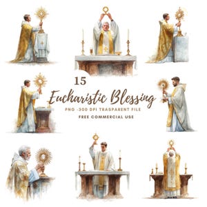Priester im eucharistischen Segen Clipart PNG, Bündel 15 hohe Qualität, Aquarell eucharistische Monstranz, bedruckbare Aufkleber Goodnotes | 802