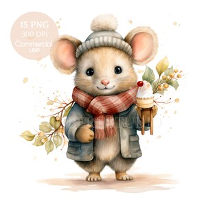 Kerstmuis Clipart PNG, bundel 15 hoogwaardige JPG's, digitale download, kaarten maken, gemengde media, digitale papierkunst | 15