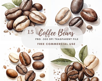 Peut inclure: 15 illustrations à l'aquarelle de grains de café dans différentes nuances de brun et de beige. Les grains sont disposés en trois groupes, avec quelques feuilles incluses dans le design. Le texte "15 Coffee Beans" est écrit en brun sur fond blanc. Le texte "PNG - 300 DPI TRANSPARENT FILE" est écrit en brun sur fond blanc. Le texte "FREE COMMERCIAL USE" est écrit en brun sur fond blanc.