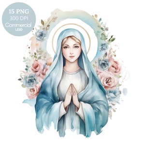Clipart della Vergine Maria, bundle 15 PNG di alta qualità, acquerello Nostra Maria, download digitale, creazione di cartoline, supporti misti, creazione con la carta digitale/372