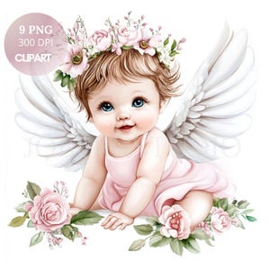 Pacchetto di clipart PNG con 9 immagini PNG di alta qualità, angelo carino acquerello rosa, adesivi stampabili Goodnotes, download digitale/775