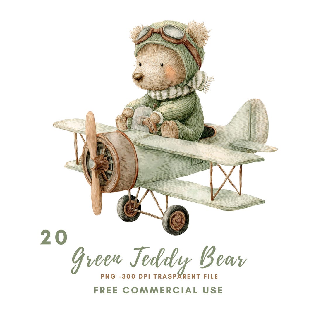 Green Teddy Bear Nursery Clipart PNG Bundle 20 High Quality| Watercolor ...