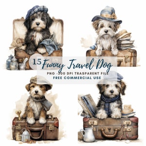 Crazy Dog Clipart PNG Bundle 15 JPG de alta calidad, perros de viaje divertidos, descarga digital, fabricación de tarjetas, medios mixtos, artesanía de papel digital / 125