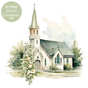 Église verte Clipart PNG, lot de 12 haute qualité, mariage à l'église aquarelle, téléchargement numérique, fabrication de cartes, papier numérique, autocollant imprimable | 401