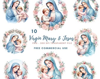 May include: Ten digital illustrations of the Virgin Mary and baby Jesus. Each image features a watercolour painting style with a floral wreath surrounding the figures. The images are in PNG format and are 300 DPI.