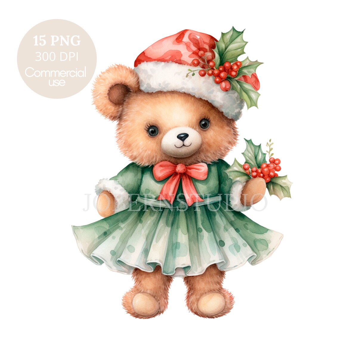 Christmas Teddy Bear, Watercolor Clipart PNG,15 High Quality Jpgs ...