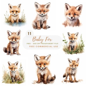 Bébé renard Clipart PNG, lot de 11 PNG haute qualité, aquarelle renard téléchargement numérique, autocollants imprimables, fabrication de cartes, création numérique en papier | 436