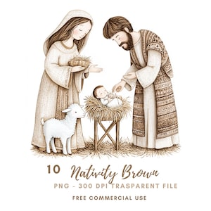 Paquete de 10 imágenes prediseñadas de la Natividad en formato PNG de alta calidad, Sagrada Familia de la Natividad en acuarela, Jesucristo, María y José, pegatinas imprimibles Goodnotes /644