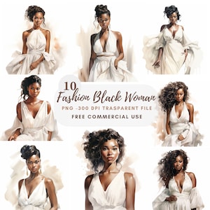 Clipart PNG de mode femme noire, lot de 10 haute qualité, aquarelle, téléchargement numérique, fabrication de cartes, créations numériques en papier, autocollants | 195