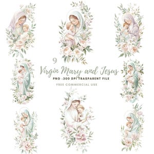 Clipart del fiore della Vergine Maria, pacchetto di 9 PNG di alta qualità, Vergine Maria e Gesù, adesivi stampabili Goodnotes, download digitale/774
