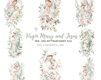 May include: Nine watercolour illustrations of the Virgin Mary and baby Jesus. Each image features Mary and Jesus in a floral wreath with white and pink flowers.