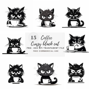 Crazy Cats Clipart PNG Bundle 15 JPG di alta qualità, Divertenti gatti neri scontrosi, Download digitale, Creazione di carte, Supporti misti, Mestiere di carta digitale / 128