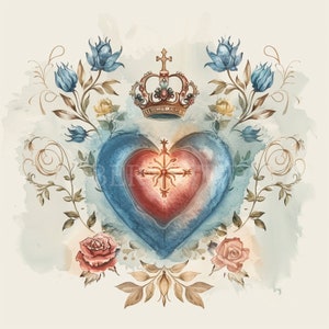 Paquete de imágenes prediseñadas del Sagrado Corazón 20 PNG de alta calidad, acuarela Jesús María, descarga digital, fabricación de tarjetas, medios mixtos, artesanía de papel digital / 233