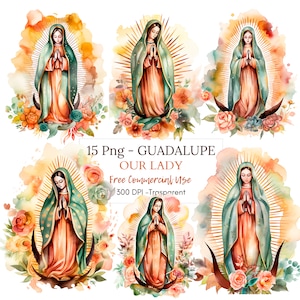Nostra Signora di Guadalupe, Clipart ad acquerello PNG,15 JPG di alta qualità,Download digitale,Creazione di cartoline, Supporti misti, Mestiere con carta digitale/ 9