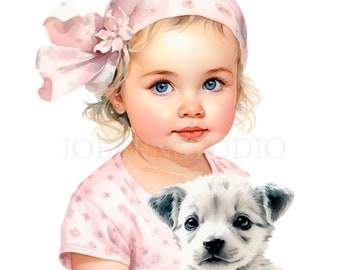 Aquarell Retro Baby mit Hund Clipart PNG, Bündel 15 hochwertige JPG, digitaler Download, Kartenherstellung, digitales Papierhandwerk, bedruckbarer Aufkleber 68