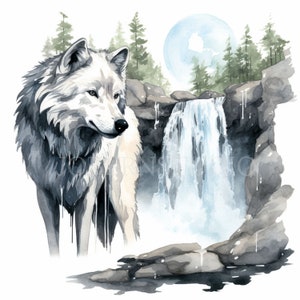 May include: A white wolf stands in front of a waterfall in a forest setting. The wolf is looking to the right of the image. The waterfall is flowing down a rocky cliff. The background is a watercolor painting of a forest with a full moon.