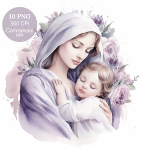 Vergine Maria Clipart, Pacchetto 10 PNG di alta qualità, Acquerello lilla Santa Maria, Adesivi stampabili Goodnotes, Download digitale, Carta digitale /631