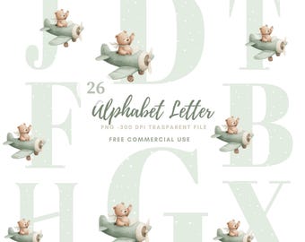 May include: A set of 26 alphabet letters, each featuring a teddy bear in a vintage aeroplane. The letters are light green with a dotted pattern. The image includes the text "26 Alphabet Letter" and "Free Commercial Use".