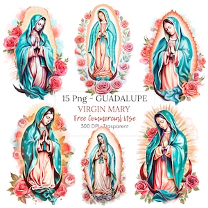 Clipart Nostra Signora di Guadalupe, bundle 15 PNG di alta qualità, clipart acquerello, download digitale, creazione di cartoline, supporti misti, artigianato in carta digitale/14