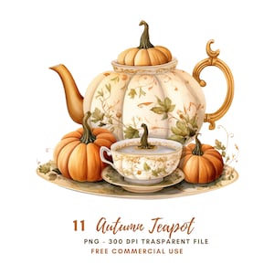 May include: Watercolor illustration of an autumn-themed tea set. The set includes a pumpkin-shaped teapot, teacup, and pumpkins on a decorative plate. The teapot and teacup are cream-colored with gold accents and leaf designs. The text "11 Autumn Teapot" is at the bottom.