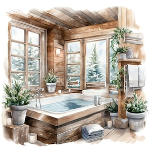 Cosy Winter Spa Clipart PNG, lot de 15 JPG haute qualité, téléchargement numérique, fabrication de cartes, techniques mixtes, créations numériques en papier, autocollants imprimables | 95