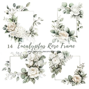 Może przedstawiać: Cztery akwarelowe ramki kwiatowe z białymi różami, liśćmi eukaliptusa i delikatnymi gałązkami. Obraz zawiera tekst "14 Eucalyptus Rose Frame".