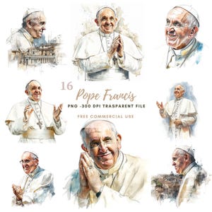 Pacote de Cliparts do Papa Francisco com 16 PNG de Alta Qualidade, Aquarela do Santo Padre Papa Francisco | Adesivos para Imprimir Goodnotes, Download Digital | 795